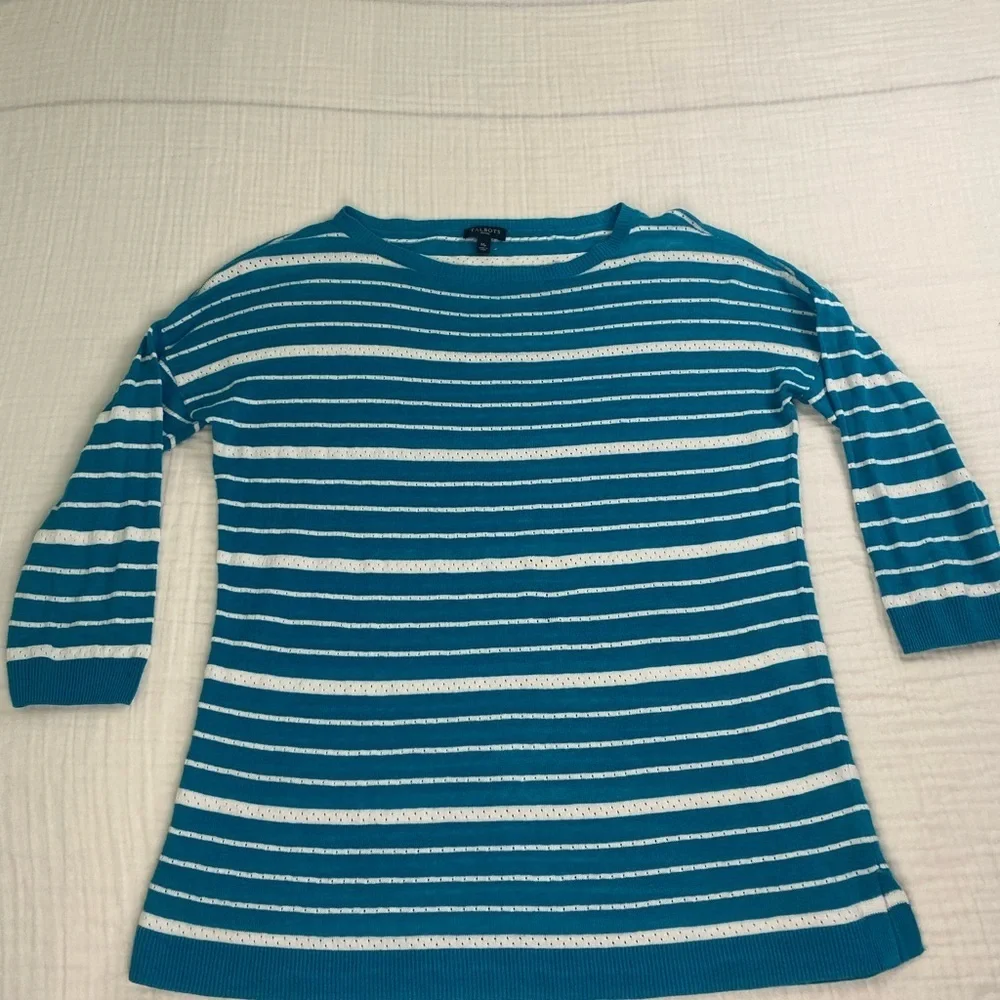 Talbots Sweater Shirt Teal Striped Linen Blend 3/4 Length Medium Petite Coastal - Picture 2 of 16